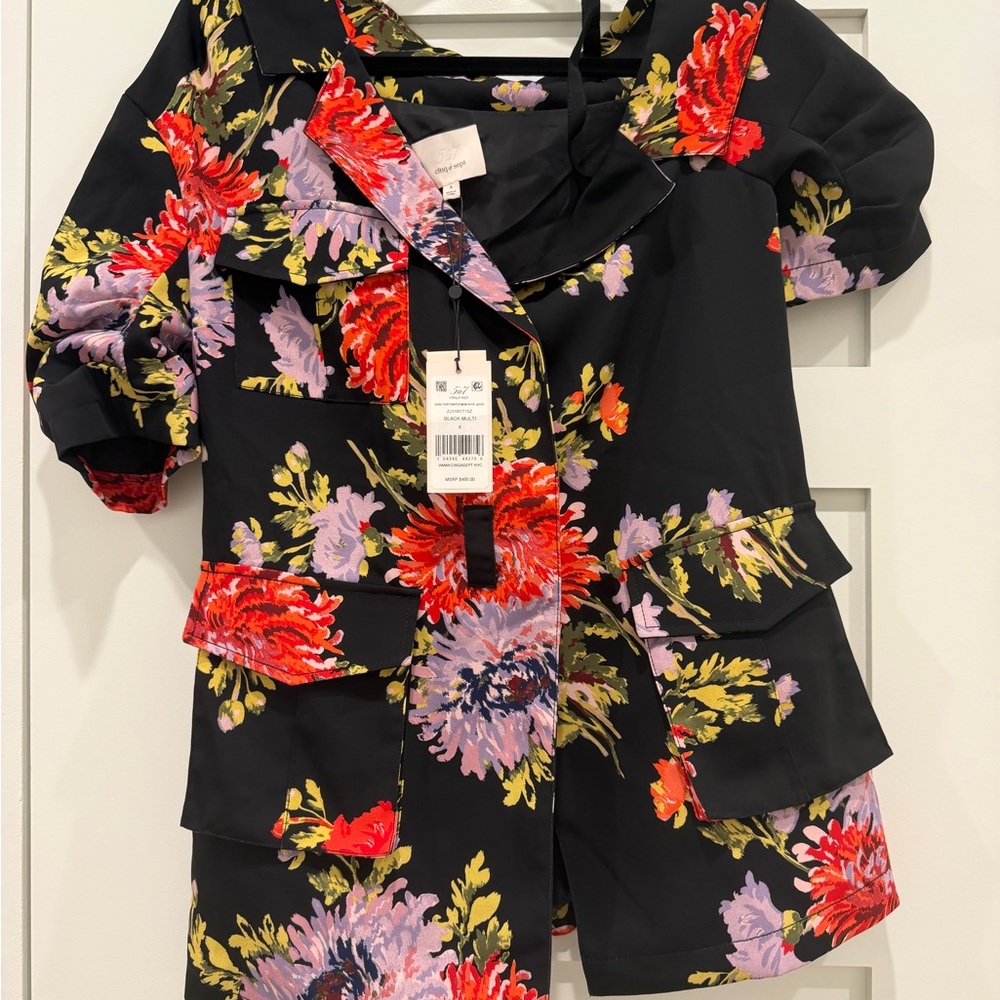 Cinq à Sept Black Blazer with Red and Purple Floral Design